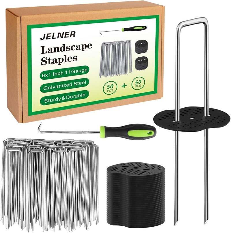 JELNER Garden Stakes,6 Inch 11 Gauge 50pcs Galvanized Landscape Staples + 50pcs Gaskets + 1Pick Hook,Tent Stakes Landscaping Fabric SOD Pins for Weed Fabric Barrier,Groud Cover,Fence - Image 1